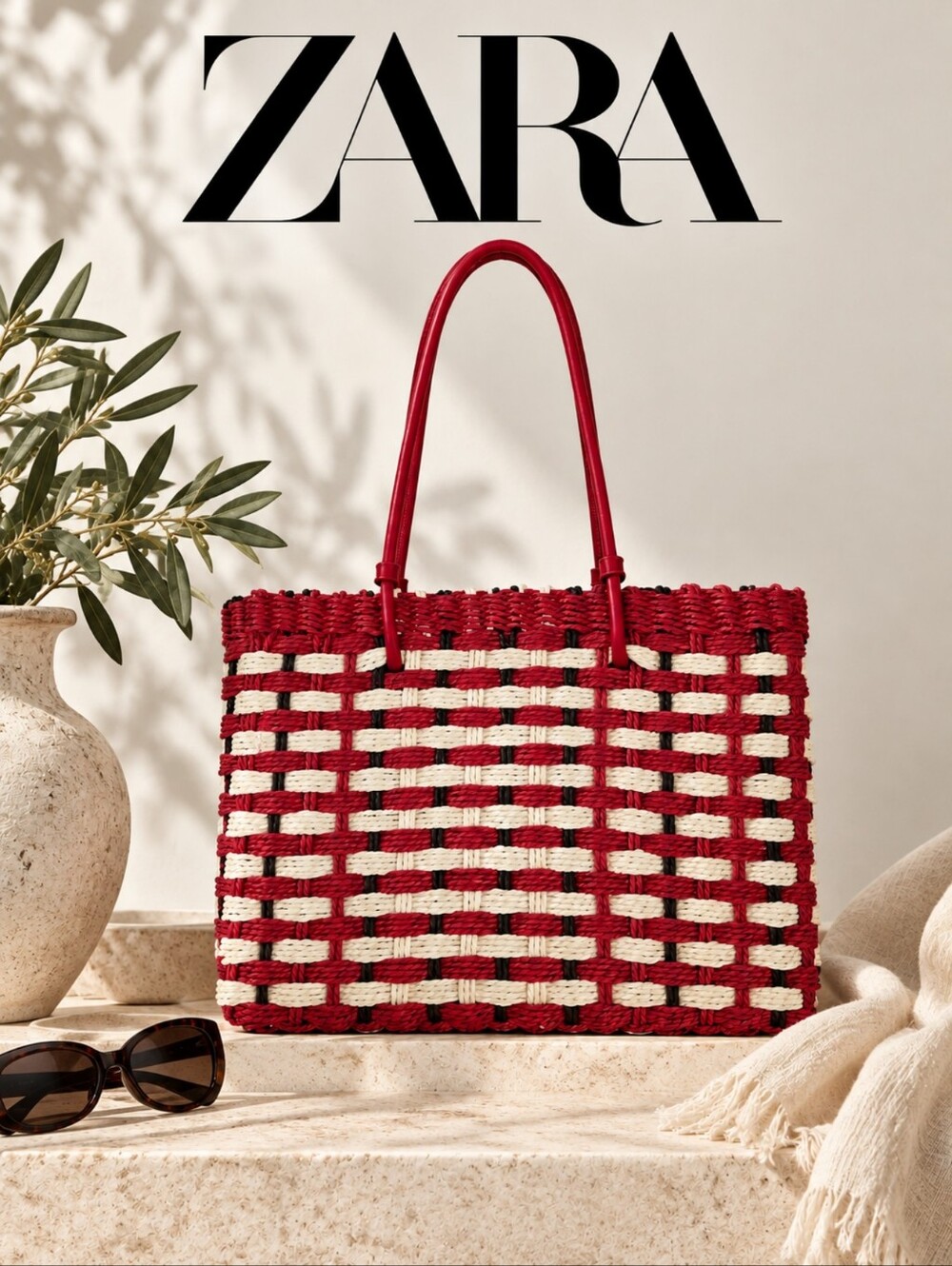 NWT ZARA Stylish Red & Cream Woven Tote Bag, Size 11.4"x8.9"x2.8"